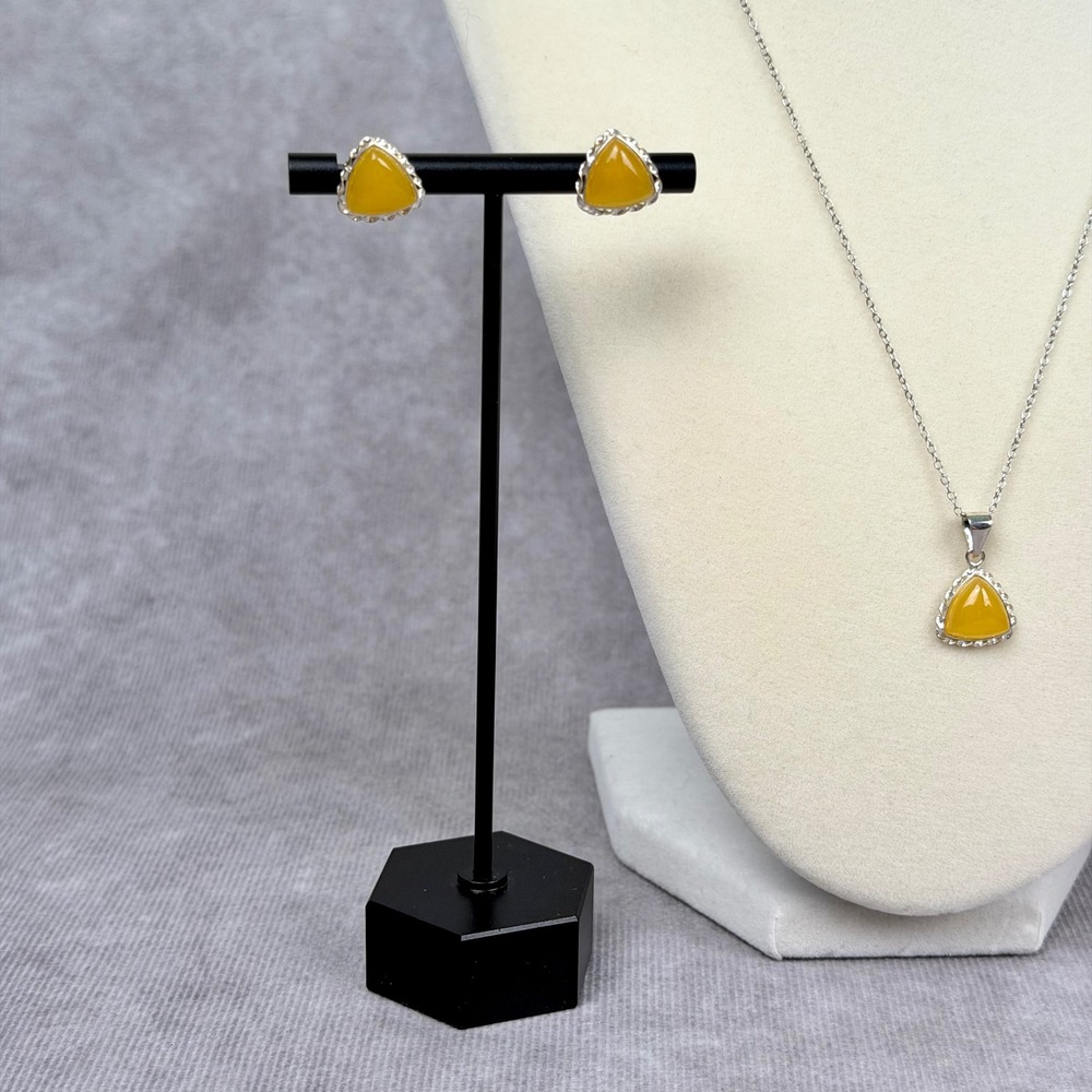 Yellow Jade Triangle Pendant Necklace and Stud Earrings Set Sterling Silver 18" - Picture 2 of 11